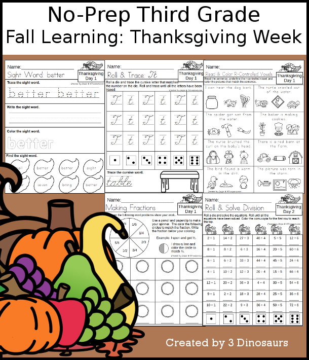 No-Prep Thanksgiving Themed Weekly Packs for Third Grade with 5 days of activities to do to learn with a Thanksgiving Theme.  - 3Dinosaurs.com