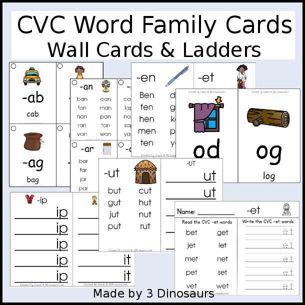 CVC Word Family Wall Cards & Ladders - 75 pages of printables with two types of cards and two different size options - 3Dinosaurs.com
