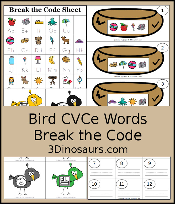 Free Bird CVCe Break The Code Printable - It has 12 nests with matching CVCe picture and a recording sheet - a fun set of printables to work on sounds of letters - 3Dinosaurs.com