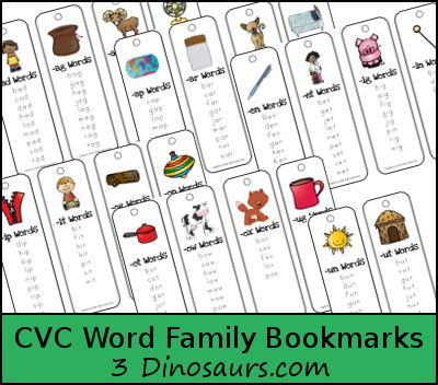 Free CVC Word Family Bookmarks. 4 Bookmarks per page - The following endings: -ad, -ag, -am, -an, -ap, -ar, at, -ed, -en, -et, -ig, -in, -ip, -it, -og, -op, -ot, -ow, -ox, -ug, -un, & -ut - 3Dinosaurs.com
