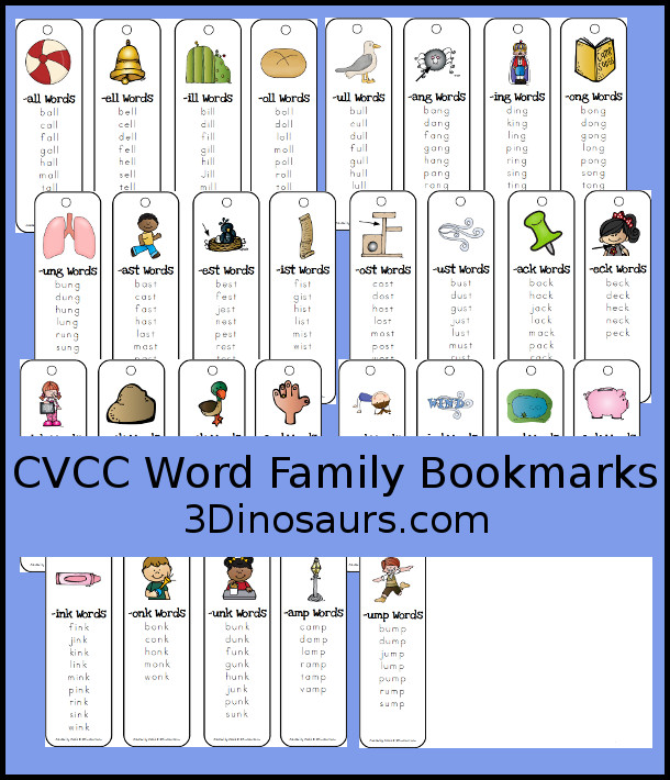 Free CVCC Word Family Bookmarks. 4 Bookmarks per page - The following endings: -all, -ill, -ell, -ull, -ing, -ang, -ung, -ong, -ast, -ist, -ust, -ost, -est, -ack, -ick, -ock, -uck, -and, -end, -ind, -ond, -und, ink, -unk, -onk, -amp, -imp, -ump  - 3Dinosaurs.com