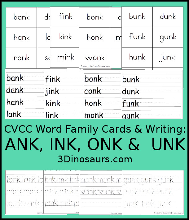 Free CVCC Word Family Cards & Writing - ANK, INK, ONK, UNK - 3Dinosaurs.com