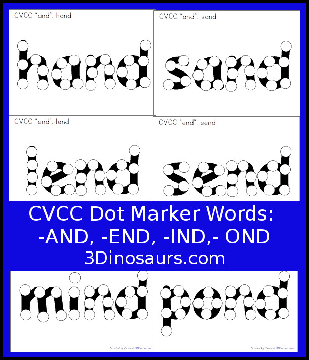 Free CVCC Word Family Dot Marker: -AND, -END, -IND, & -OND - 3Dinosaurs.com