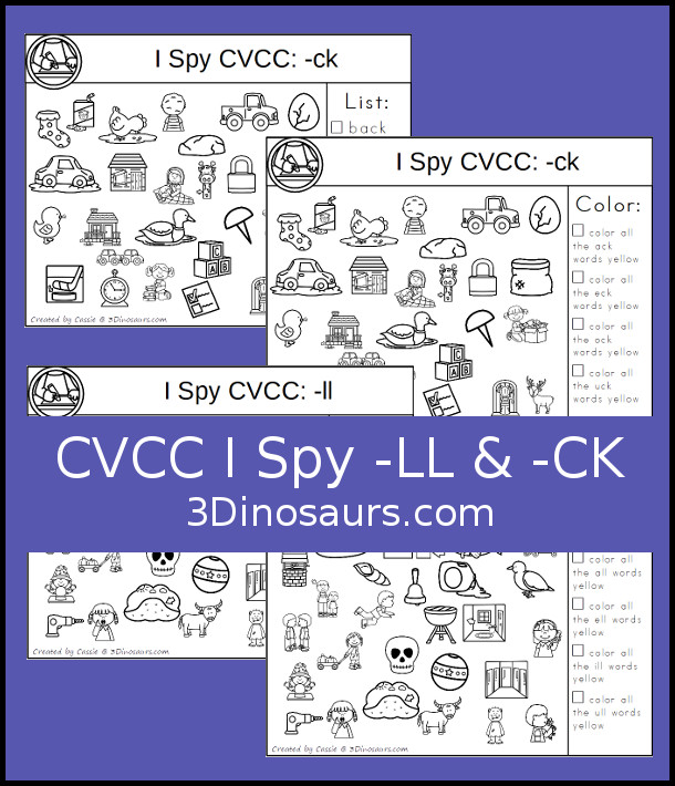 Free CVCC I Spy - LL & -CK Word Families - two mats for each ending with word list and color the vowels. Easy no-prep printable for kids to use to learn CVCC and CCVCC words- 3Dinosaurs.com