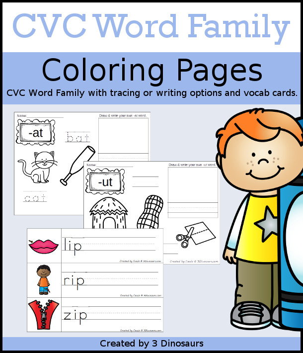 CVC Short Vowel Coloring Pages have the following short vowel endings: CVC Word Family Coloring Pages: -ab, -ad, -ag, -am, -an, -ap, -ar, -ap, -at, -ed, -eg, -en, -et, -ib, -id, -ig, -im, -in, -ip, -it, -ix, -ob, -od, -og, -op, -ot, -ox, -ub, -ud, -ug, -um, -un, -up, -ut -  with tracing and writing options with matching vocab cards- 3Dinosaurs.com