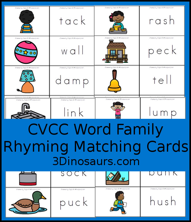 CVCC Word Family Rhyming Matching Cards with 22 sets of cards to match