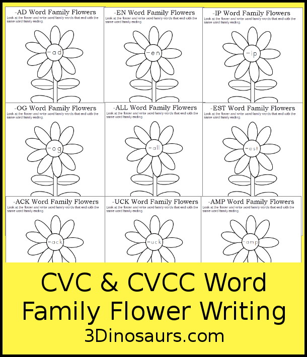 Free CVC & CVCC Word Family Writing Flowers - You have flowers with a word ending for CVC and CVCC words and then you have leaves on the stem for writing words. A simple spring word family writing activity for kids in kindergarten and first grade. 3Dinosaurs.com