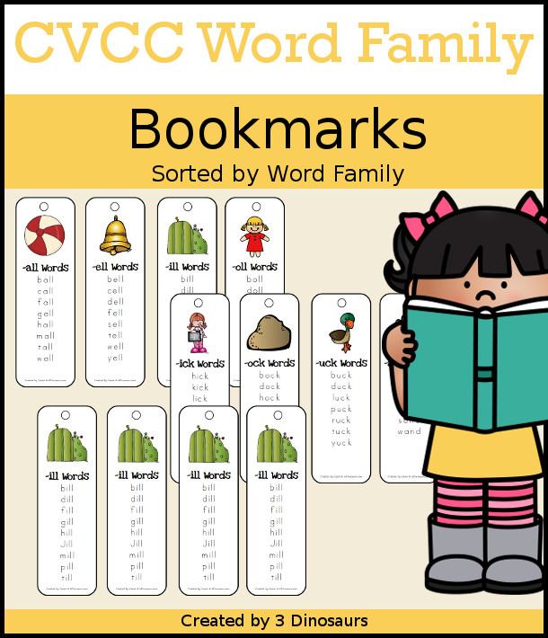 CVCC Word Family Bookmarks. 4 Bookmarks per page - The following endings: -all, -ill, -ell, -ull, -ing, -ang, -ung, -ong, -ast, -ist, -ust, -ost, -est, -ack, -ick, -ock, -uck, -and, -end, -ind, -ond, -und, ink, -unk, -onk, -amp, -imp, -ump  - Teacher Print Version and Single print $ - 3Dinosaurs.com
