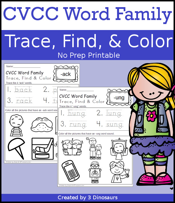 CVCC Word Family Trace, Find & Color with 18 differen word family endings, no-prep printable $ - 3Dinosaurs.com