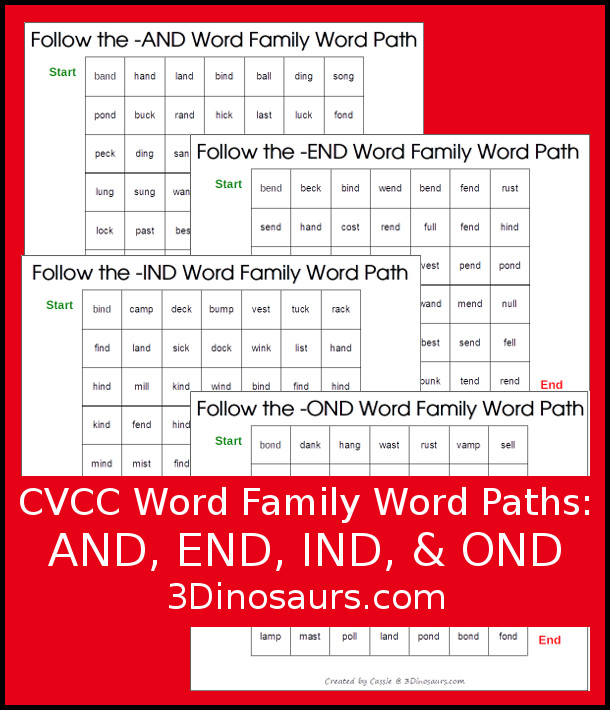 Free CVCC Word Family word Paths: -ACK, -ECK, -ICK, -OCK, -UCK - 3Dinosaurs.com