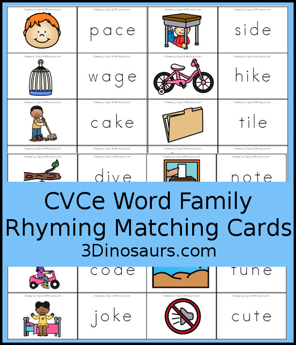 CVCe Word Family Rhyming Matching Cards with 32 sets of cards to match - 3Dinosaurs.com