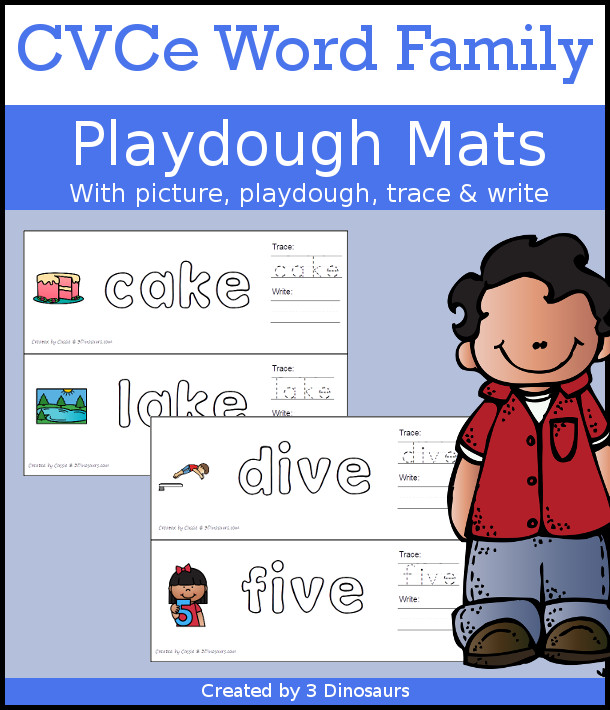 CVCe Word Family Playdough Mats with Pictures - 111 mats with picture, playdough area, tracing, and writing - 3Dinosaurs.com