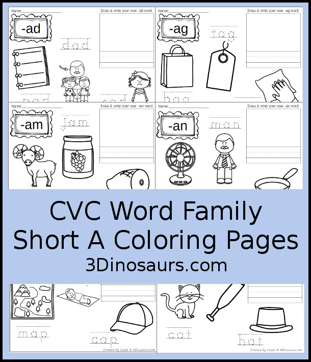 Free CVC Word Family Coloring Pages: Short A Vowel with ad, -ag, -am, -an, -ap, -ar, -at  with tracing the words, coloring the pictures and draw their own short a word for the short a vowels plus ending - 3Dinosaurs.com