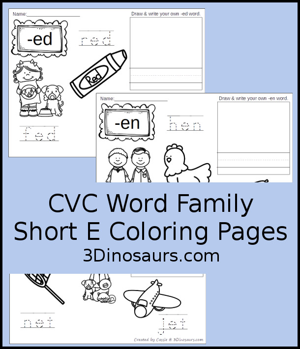 Free CVC Word Family Coloring Pages: Short E Vowel with ed, en, and et.  with tracing the words, coloring the pictures and draw their own short e word for the short a vowels plus ending - 3Dinosaurs.com