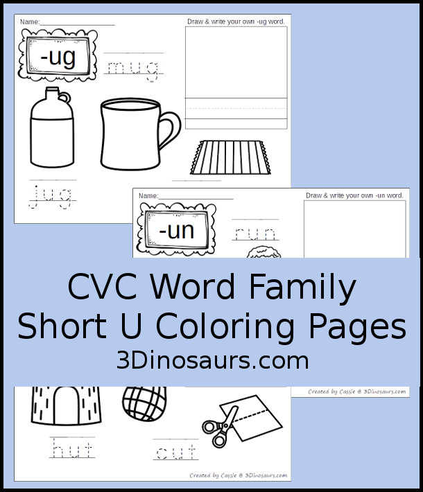 New CVC Word Family Coloring Pages: Short U Vowel - 3Dinosaurs.com