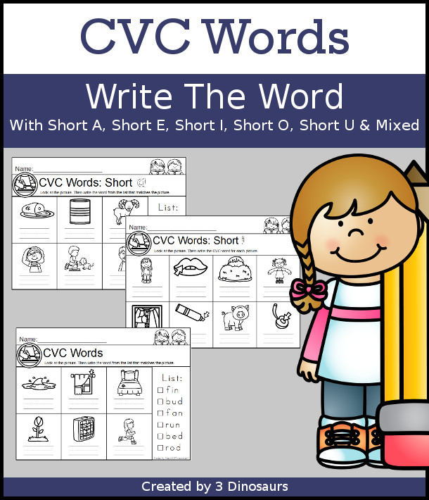 CVC Word Write the Word Selling Set - 65 pages of CVC word writing worksheets for kids to work on CVC words - 3Dinosaurs.com