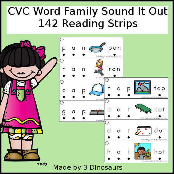 CVC Word Family Sound It Out Printable - with 38 CVC endinds for kids to blend or sound out the CVC words - 3Dinosaurs.com