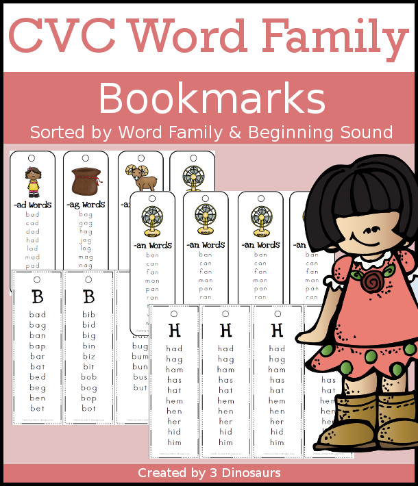 CVC Word Family Bookmarks, Beginning Sounds & Phonics Ladder  -  -ad, -ab, -ag, - am, -an, -ap, -ar, -at, -ax, -eb, -ed, -eg, -em, -en, -et, -ib, -id, -ig, -im, -in, -ip, -it, -ix, -ob, -od, -og, -om, -op, -ot, -ox, -ub, -ud, -ug, -um, -un, -up, -us, -ut, -ux; plus words by beginning sounds plus phonics ladder - Cost: $3.50 - 3Dinosaurs.com
