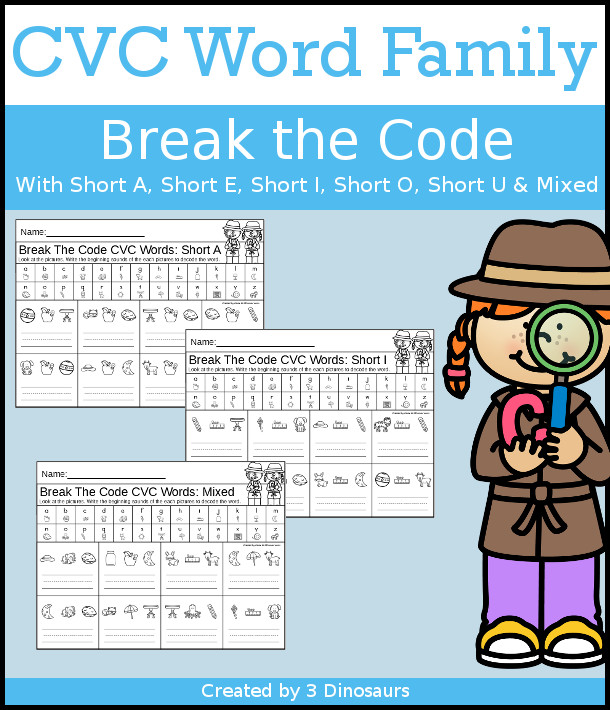 CVC Word: Break the Code - - a mix of CVC printables that words on learning letter sounds for each letter and writing words from the letter sounds. A great decoding or break the code activity for kids to do- 3Dinosaurs.com