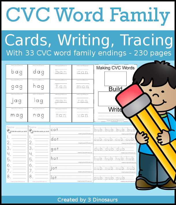CVC Word Family Cards, Writing & Tracing with  - 3Dinosaurs.com