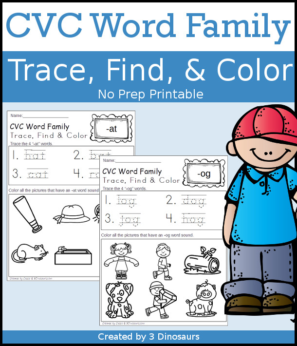 CVC Word Family Trace, Find & Color - 28 page of printables with 28 different cvc word family endings. $ - 3Dinosaurs.com