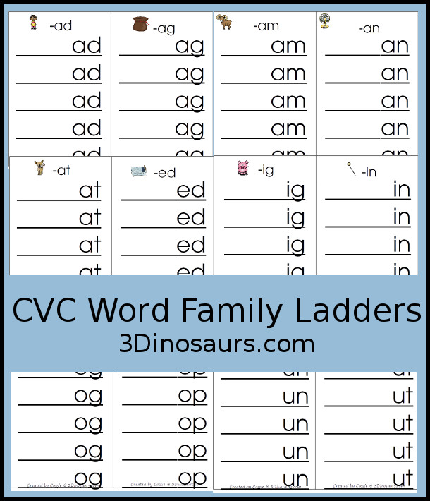 Free CVC Word Family Ladder Printables - 3Dinosaurs.com