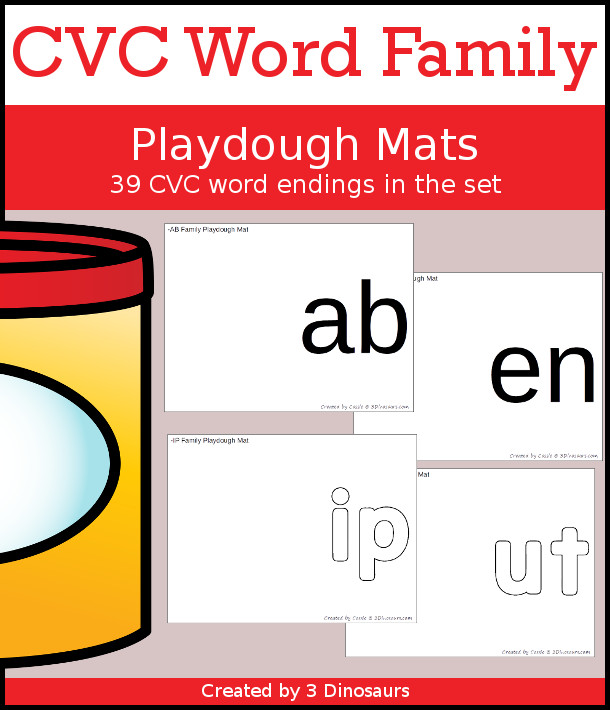 CVC Playdough Mats Selling Set - with 39 word family endings and two options for each playdough mat. - 3Dinosaurs.com
