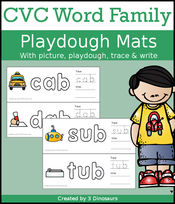 CVC Word Family Playdough Mats with Pictures - 162 mats with picture, playdough area, tracing, and writing - 3Dinosaurs.com