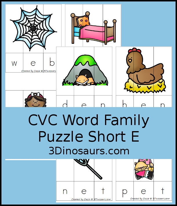 Free CVC Word Family Puzzles Short E - 3 piece puzzles for kids  to work on building and learning CVC words with -eb, -ed, -eg, -en, -et. - 3Dinosaurs.com
