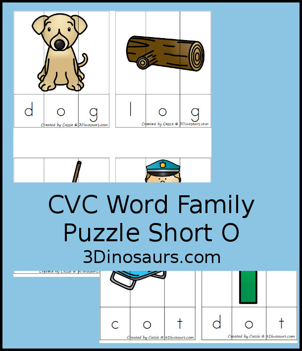 Free CVC Word Family Puzzles Short O - 3 piece puzzles for kids to work on building and learning CVC words with -og, -op, -ot - 3Dinosaurs.com