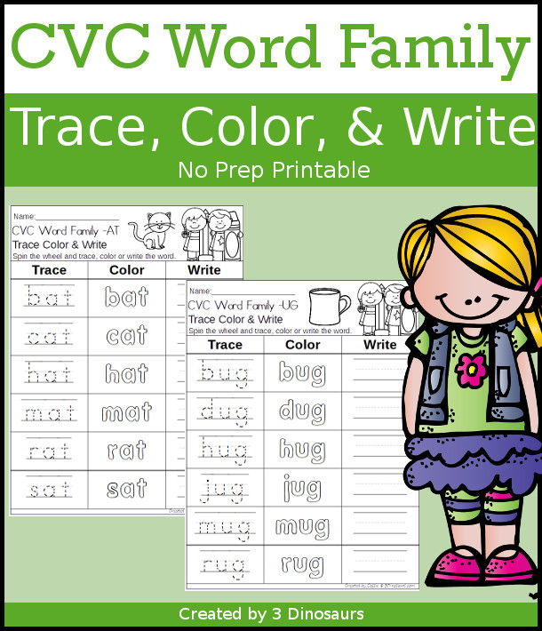 CVC Word Family: Trace, Color and Write Printable with 24 word family for kids to work on with one word family on each page and a spinner and dice options for the trace, color and write.- 3Dinosaurs.com