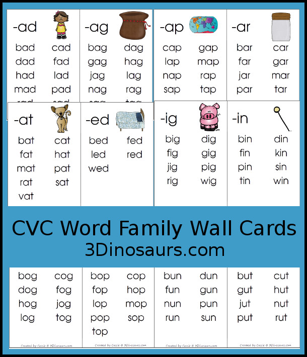 FREE CVC Word Family Wall Cards - with 23 word ending for CVC words with short a short e short o and short u options - 3Dinosaurs.com