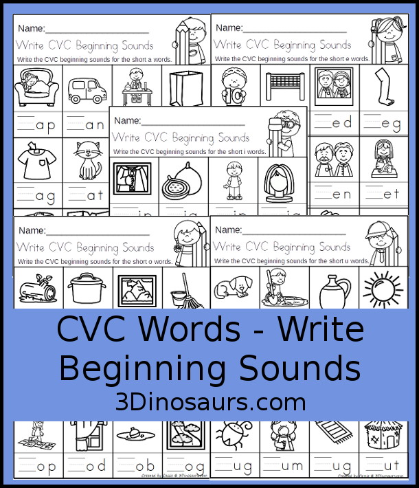 Free CVC Word Family Write the Beginning Sounds No-Prep Worksheet - 5 fun worksheets all working with CVC words with 5 pages by each vowel with 12 pictures for them to write matching beginning sounds - 3Dinosaurs.com #3dinosaurs #kindergarten #firstgrade #learingtoread #cvcwordfamily #freeprintable