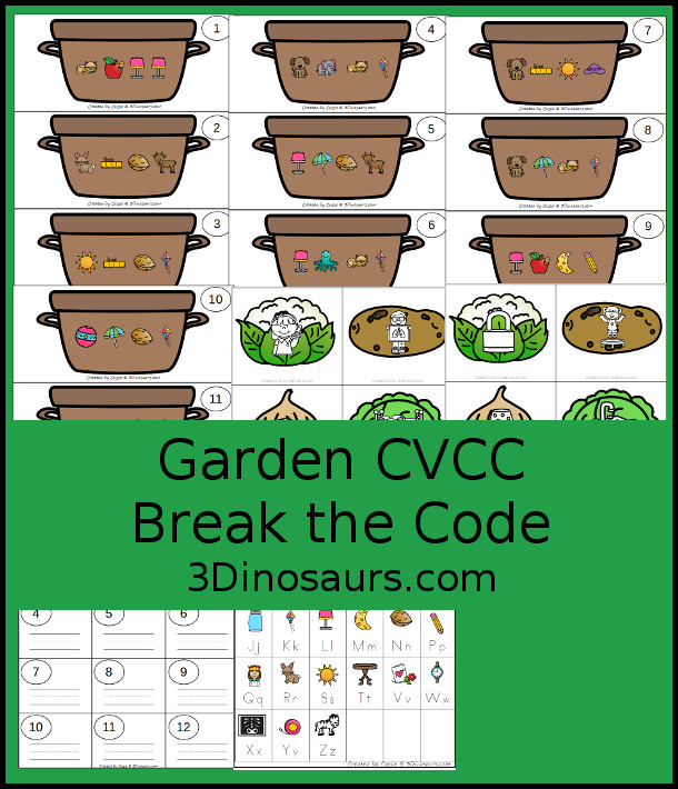 Free Garden CVCC Break The Code Printable - It has 12 baskets with matching CVCC picture and a recording sheet - a fun set of printables to work on sounds of letters - 3Dinosaurs.com