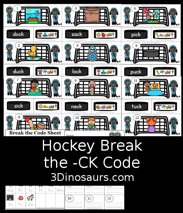 Free Hockey CVCC -CK Break the Code Printable - a fun printable that works on CVCC words that have and ending digraph of -ck. They have decode the words, match the words, and picture of the words for a three way matching activity. All with a fun hockey theme for kids to work on these fun words - 3Dinosaurs.com