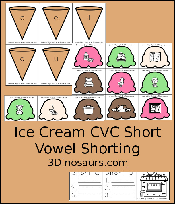 Free Ice Cream CVC Short Vowel Matching Printable - withs five short vowels a, e, i, o, u, and three matching CVC pictures for each short vowel with a recording sheets - 3Dinosaurs.com