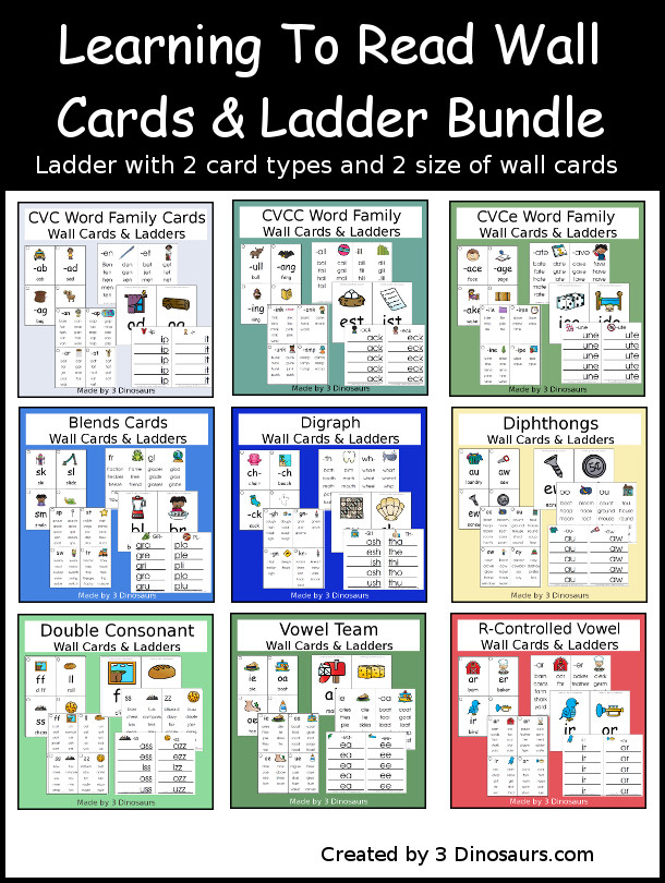 Learning To Read Wall Cards & Ladders Bundle with 9 different wall cards that come in four types and have ladders for building the words as well - 3Dinosaurs.com