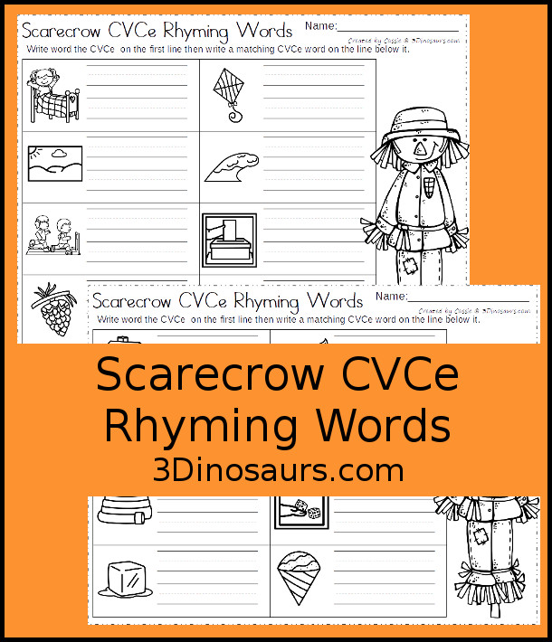 Free Scarecrow CVCe No-Prep Worksheet - 2 worksheets that focus on CVCe words for kids to learn and make rhyming words - 3Dinosaurs.com