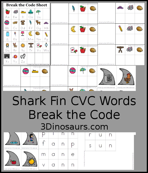 Free Shark Fin CVC Words Break the Code - it works on -an, -en, -in and -un words with decode the word and find the matching picture - 3Dinosaurs.com
