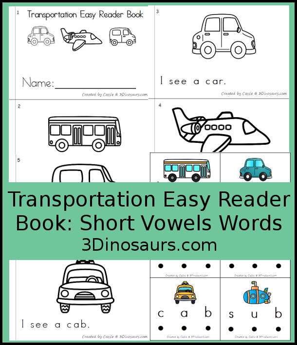 Free Transportation Easy Reader Book: Short Vowels Words - with a 9 page book with sentence cards and blending cards for the book with 8 short vowel CVC words - 3Dinosaurs.com