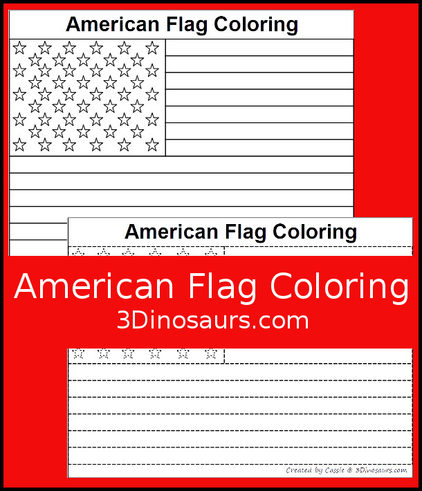 Free American Flag Tracing and Coloring Printable - you have 1 American flag tracing page and 1 American flag coloring page.- 3Dinosaurs.com