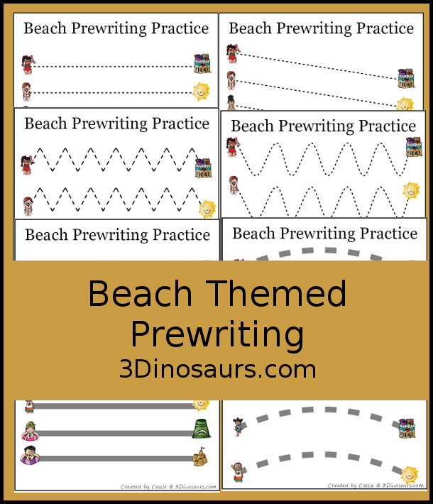 Free Handwriting Fun With Beach Themed Prewriting - 28 pages of free beach theme prewriting with two levels of lines for kids to trace - 3Dinosaurs.com #freeprintable #prewriting #3dinosaurs