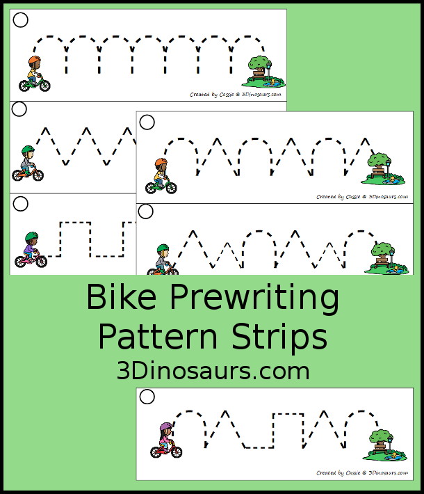 Free Bike Prewriting Pattern Strips Printable has two types of prewriting strips with single pattern repeated and mixed repeated patterns for kids to trace - 3Dinosaurs.com
