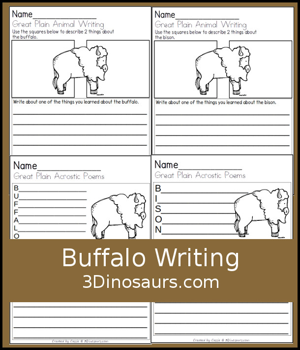 Buffalo & Bison Writing & Acrostic Poems with  - with writing information and then words about the buffalo or bison. - 3Dinosaurs.com