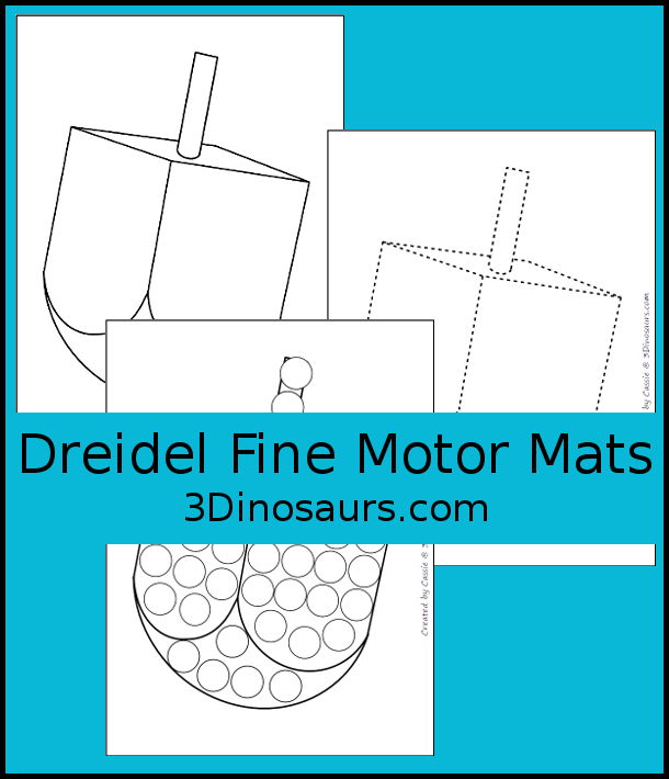 Free Dreidel Fine Motor Mat Printables with dreidel template, dreidel tracing worksheet, and dreidel dot marker printable for working on Fine motor skills for Hanukkah - 3Dinosaurs.com