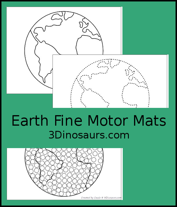 Free Earth Fine Motor Mats For Kids with an Earth Template, Earth tracing and Earth Q-tip Printables. Great fine motor mats for Earth Day or a Space Theme - 3Dinosaurs.com