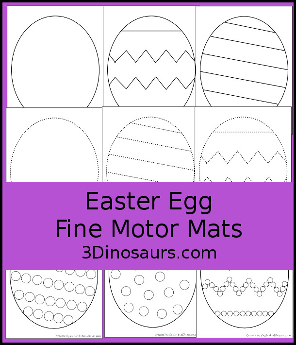 Free Easter Egg Fine Motor Mat Printables -  with four pages of printables with easter egg template to color, easter egg to trace, easter egg to q-tip and a dot marker easter egg, all great for Easter. - 3Dinosaurs.com