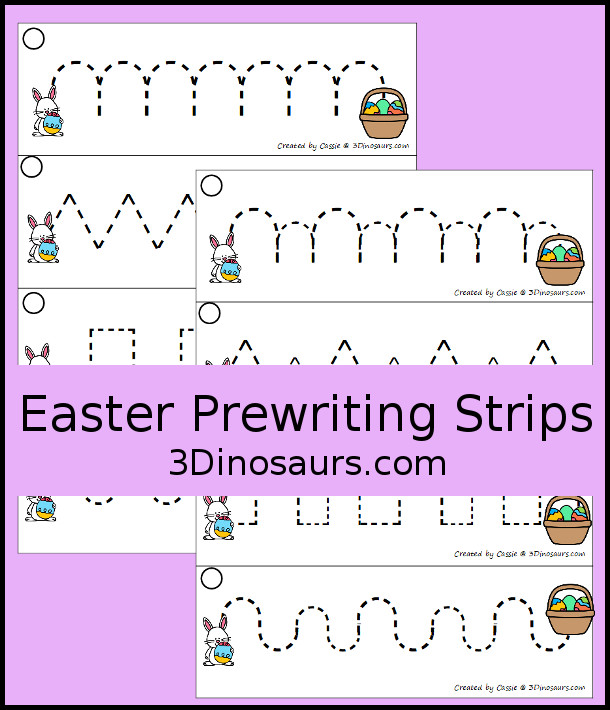 Free Easter Prewriting Strips - prewriting printable for kids working on more complex prewriting skills with prewriting fonts in repeat pattern and sizes. You have Easter Bunny getting to a basket of eggs. - 3Dinosaurs.com