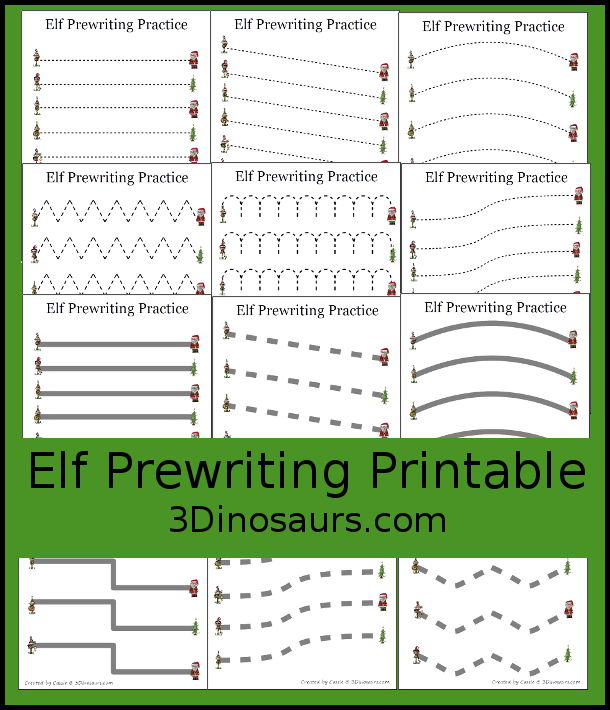 Free Elf Prewriting Printables with 28 different prewriting printables with and elf and Christmas theme - 3Dinosaurs.com