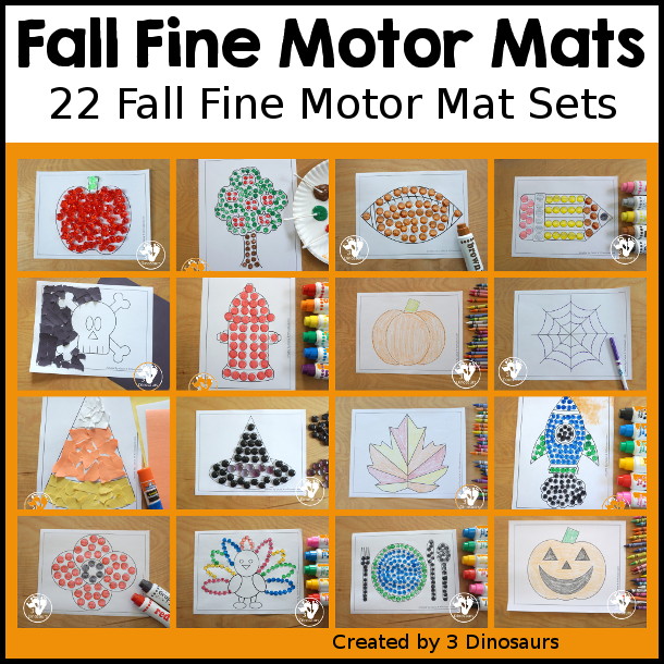 Fall Fine Motor Mat Printable Set with 22 different themes fine motor mats with dot markers, template, tracing, playdough mats and q-tip printables for building fine motor skills during the fall - 3Dinosaurs.com